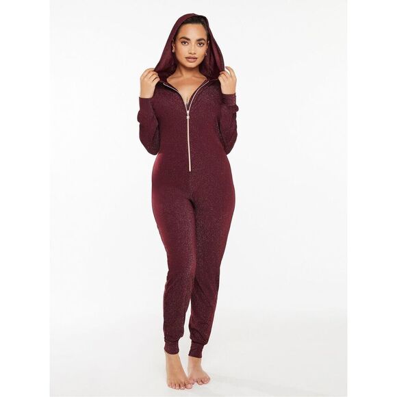 Savage X Fenty Sleep & Shine Hooded Onesie Red Cocoa Full Zip Lounge Size Medium - Picture 2 of 8